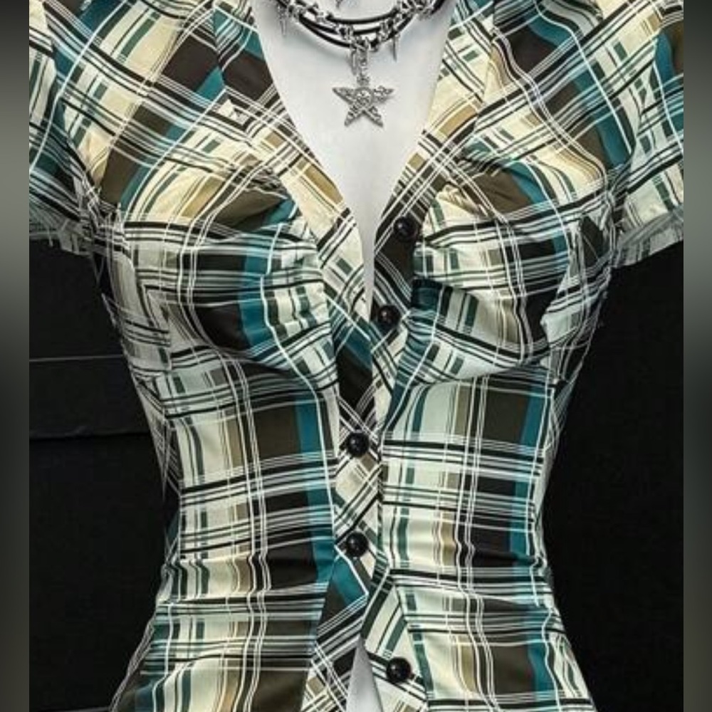 Short Sleeve Plaid Ruffle Button-Up Blouse - Picture 16 of 16